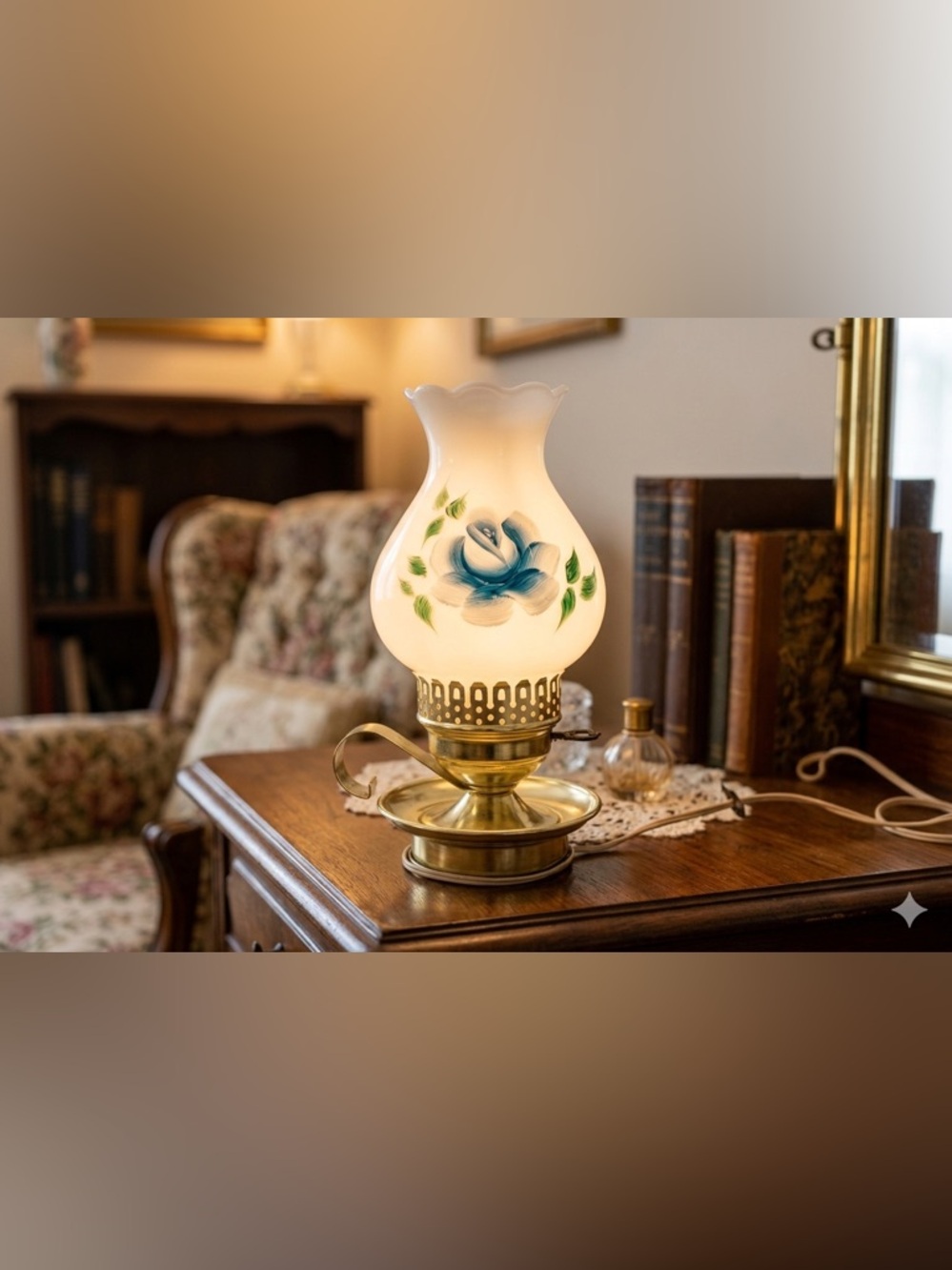 Vintage Milk Glass Hurricane Lamp with Hand-Painted Blue Rose